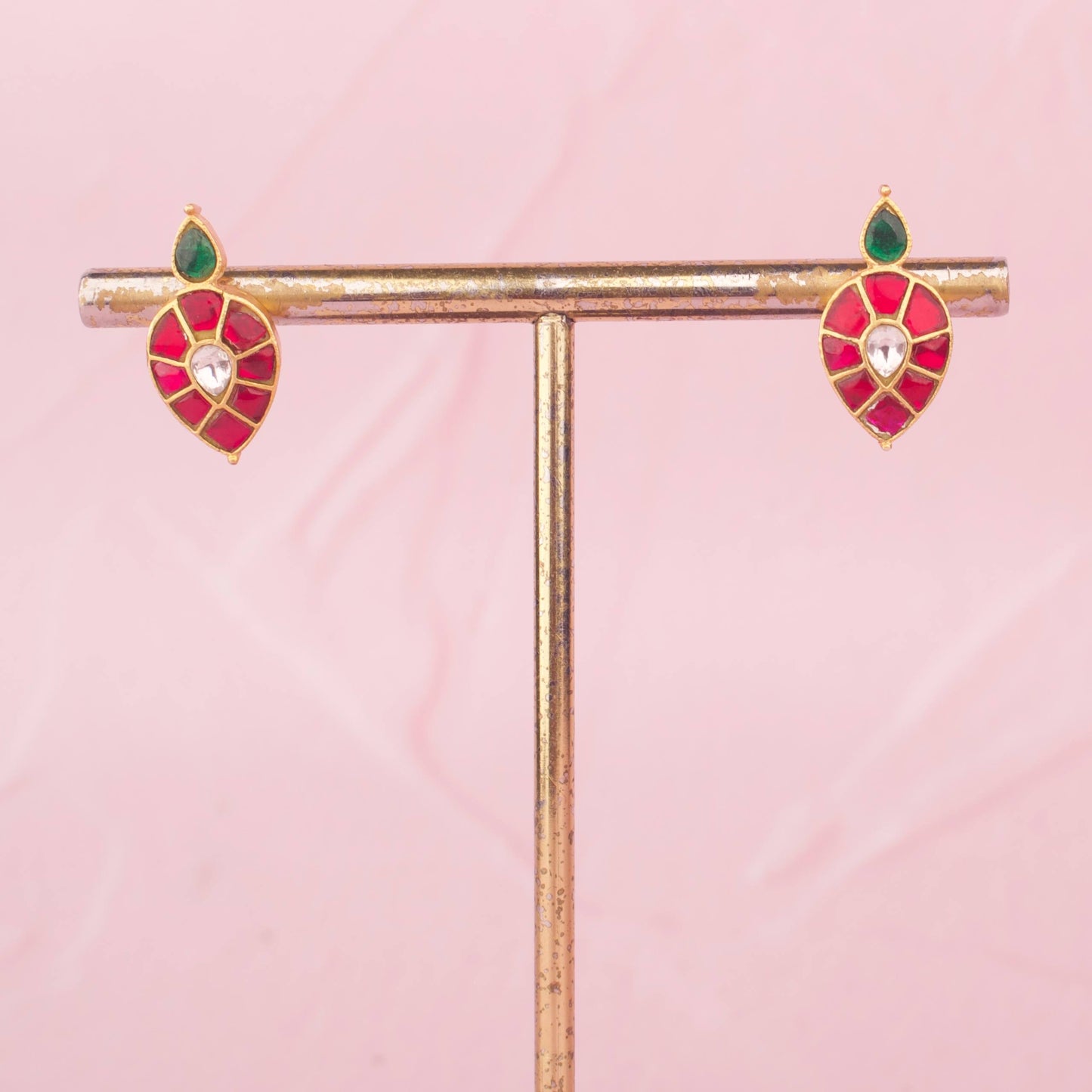 Elegant Jadau Kundan Beads Necklace Set With Ruby Leaf Motifs