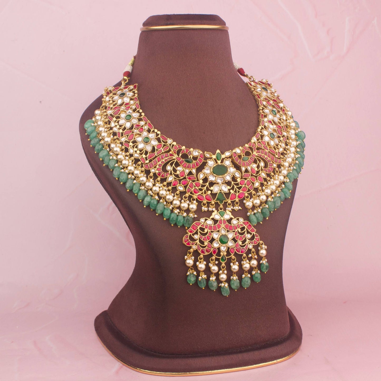 Regal Jadau Kundan Peacock Design Necklace With Emerald Beads