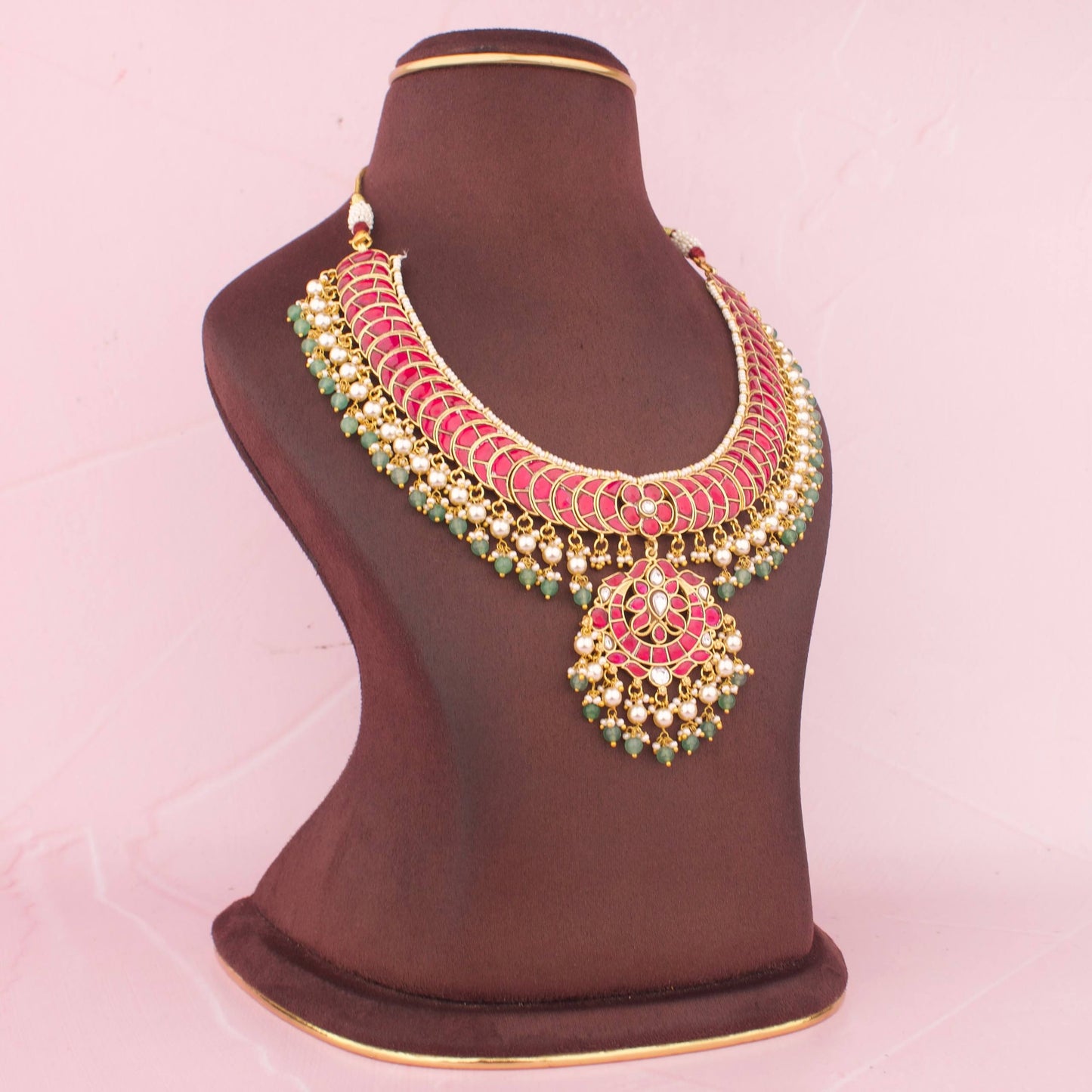 Grand Bridal Jadau Kundan Short Necklace With Pink Stones And Floral Pearl Drop Pendant