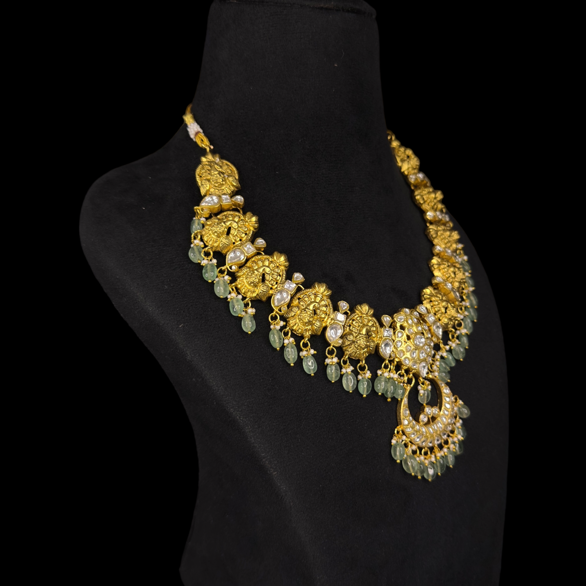 Ornate Peacock Jadau Kundan Necklace with Green Bead Accents with 22k gold plating This Product Belongs to Jadau Kundan Jewellery Category