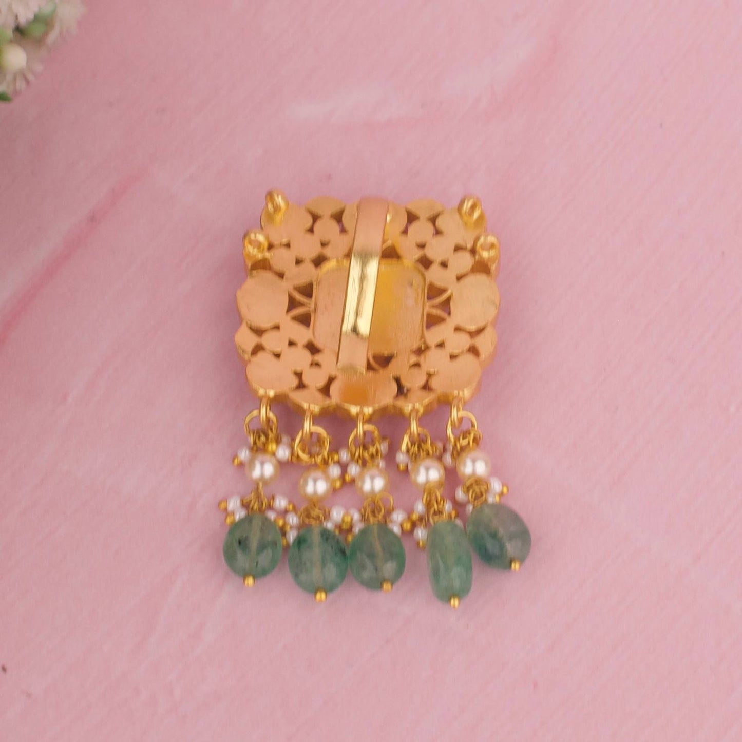 Antique Gold Square Kundan Locket With Emerald Hangings