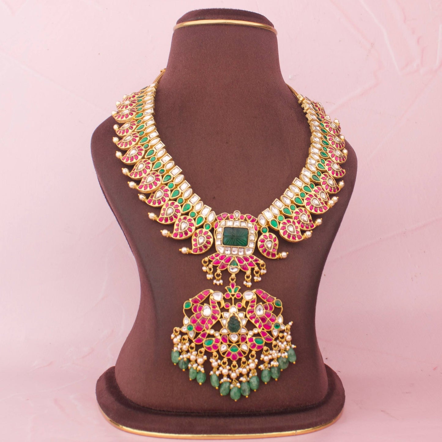 Opulent Mango Design Jadau Kundan Haram With Emerald Green Pendant