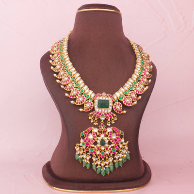 Opulent Mango Design Jadau Kundan Haram With Emerald Green Pendant