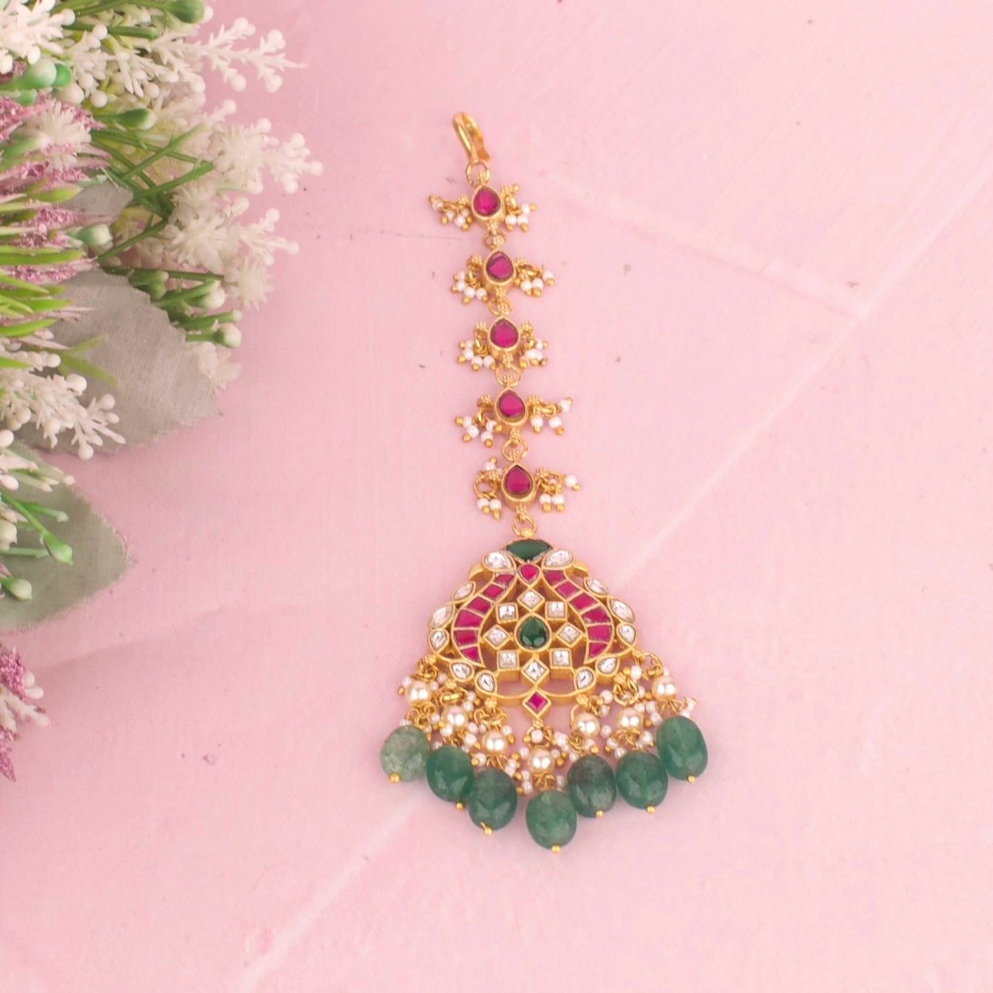Designer Jadau Kundan Maang Tikka With Pearl Clusters