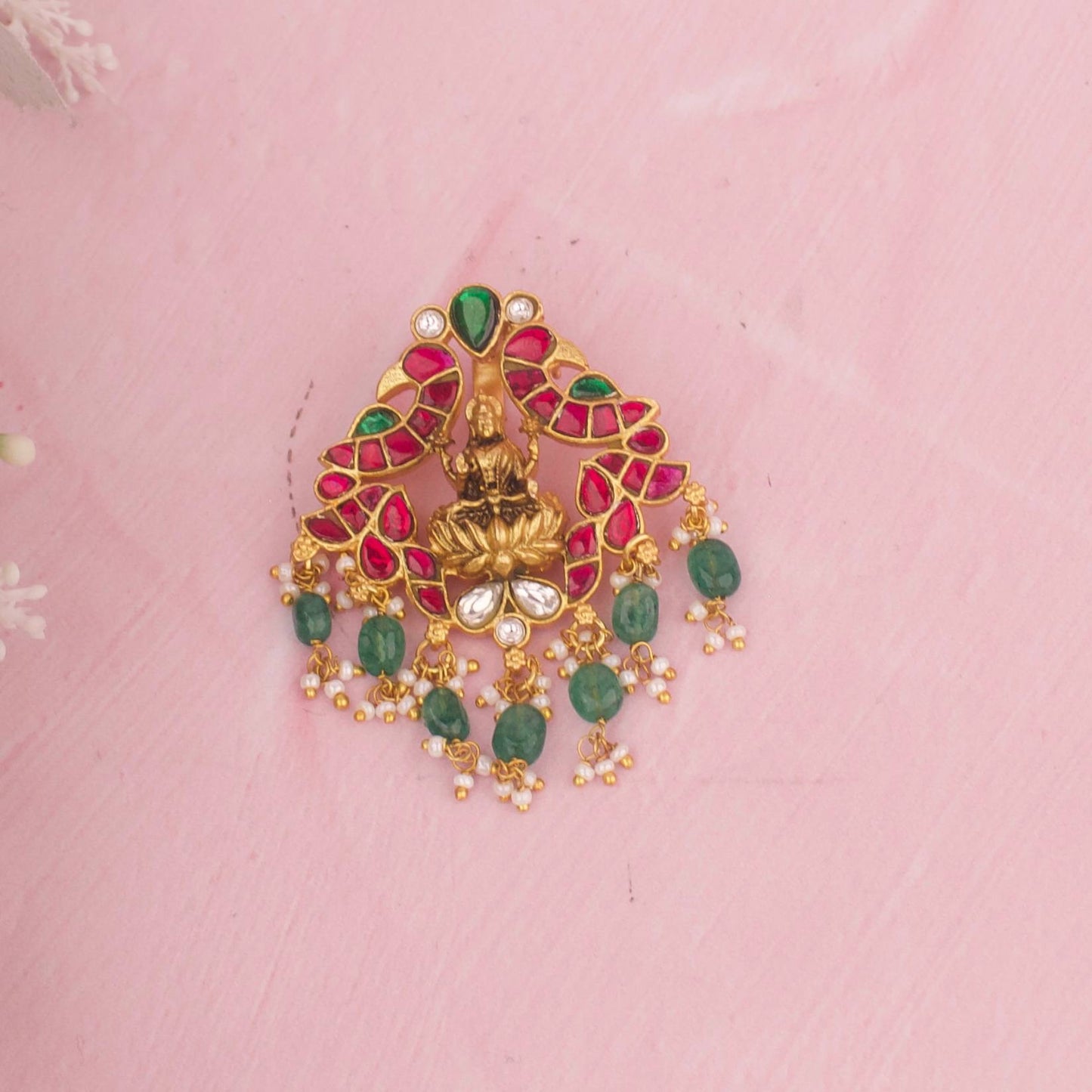 Radiant Lakshmi Devi Pendant With Emerald Beads