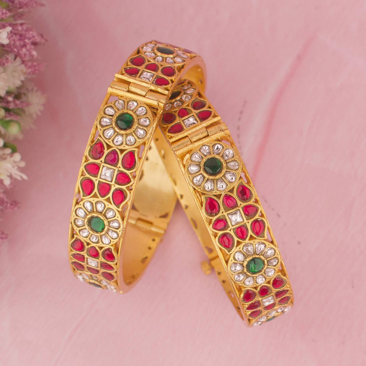 Gold Style Jadau Kundan Bangles With Floral Design Styling Angle View 5 - Dulhan Jewels