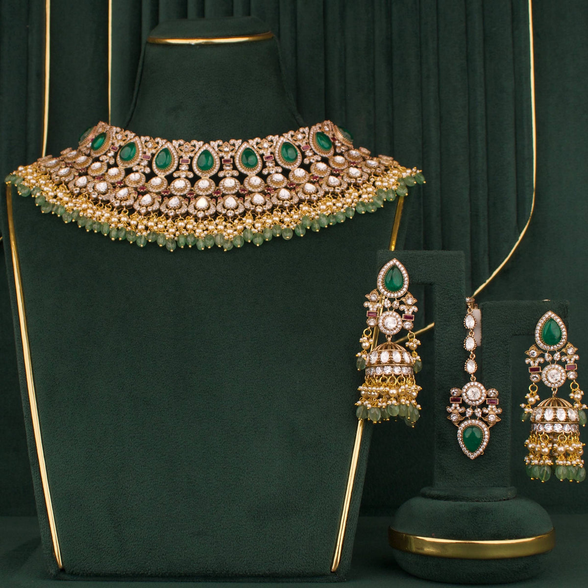 Handcrafted detail view of Moissanite Victorian Choker Set with maang tikka & earrings jewelry piece