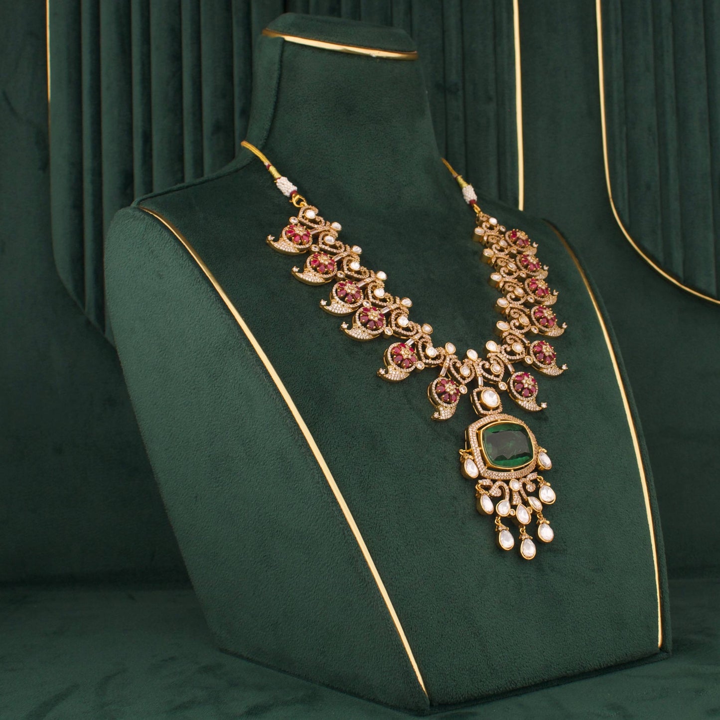 Grand Victorian Polki Necklace Set With Green Stone Pendant And Matching Earrings