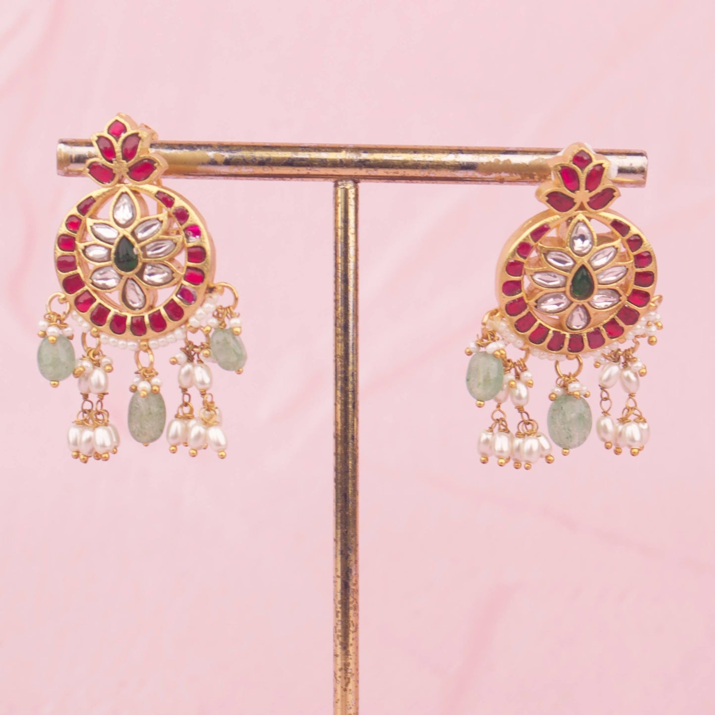 Side Angle & Craftsmanship View of Opulent Jadau Kundan Round Motif Necklace Set with Earrings | Dulhan Jewels