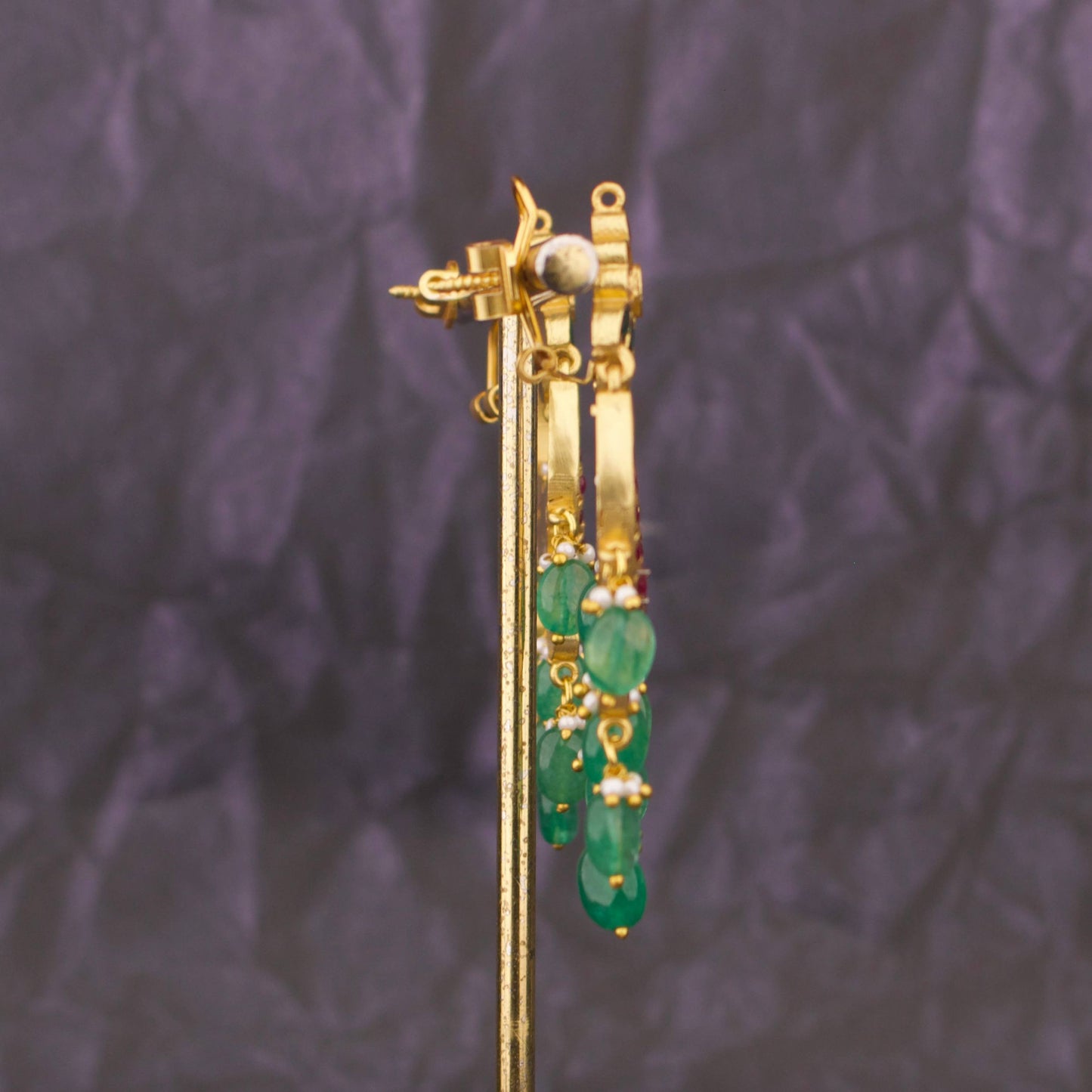 Regal Jadau Kundan Chandbali Earrings With Emerald Hangings