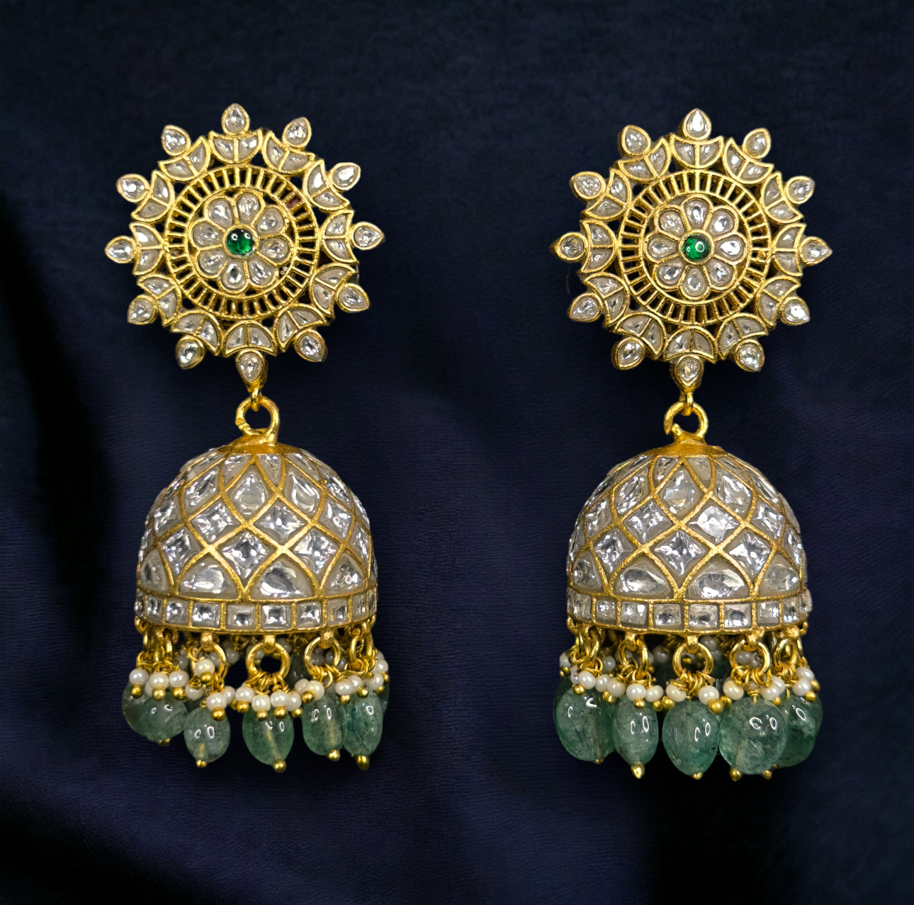 Radiant Floral Jadau Kundan Jhumkas with Emerald Beads