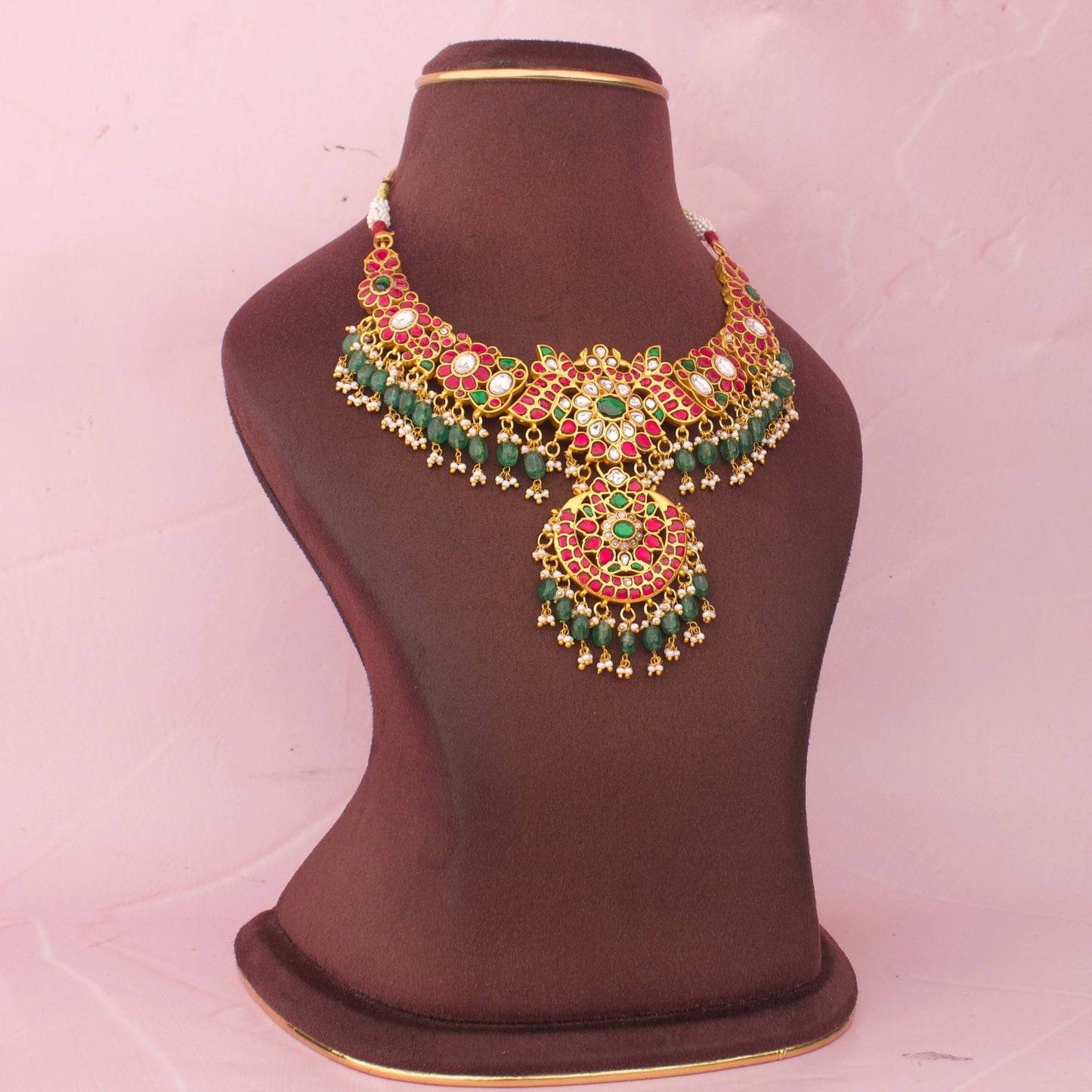Elegant Floral Design Jadau Kundan Necklace With Pearl Hangings