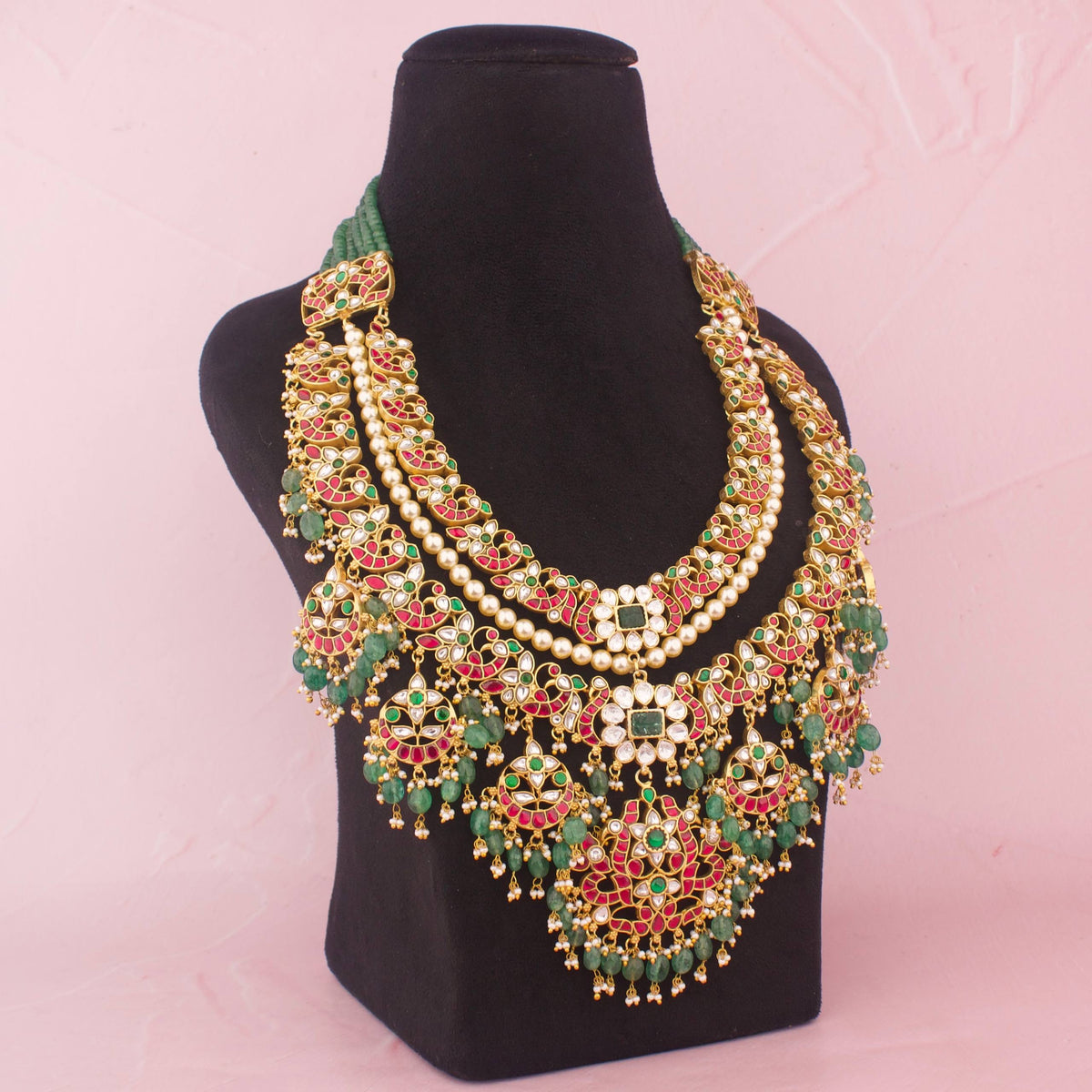 Opulent Bridal Jadau Kundan Necklace With Strawberry Beads