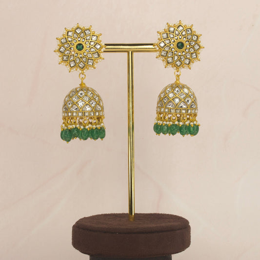 Radiant Floral Jadau Kundan Jhumkas with Emerald Beads