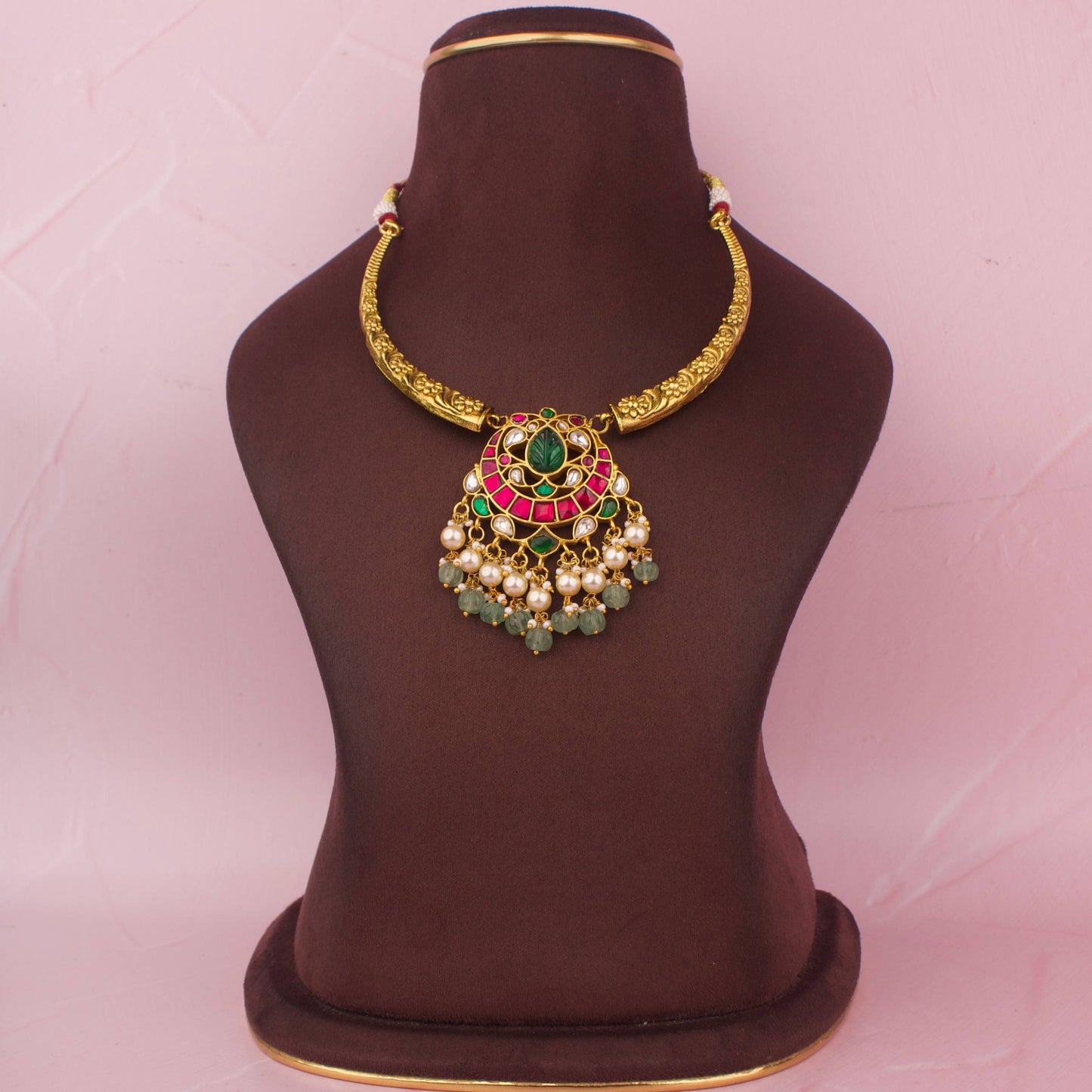 Gold Style Jadau Kundan Kanti Necklace With Pearl & Pumpkin Beads Hangings