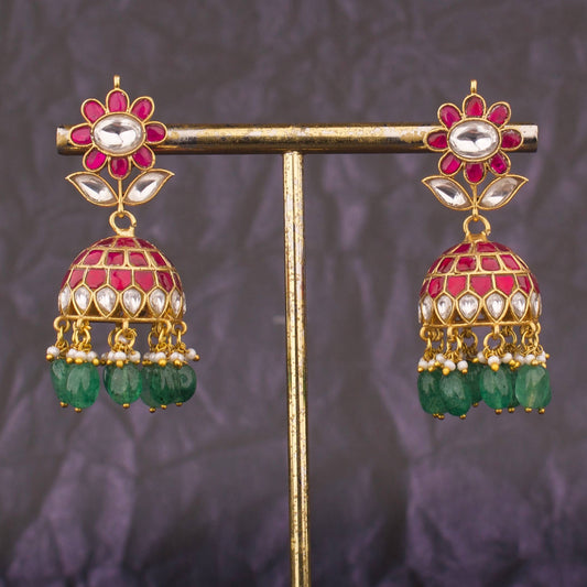 Ruby Jadau Kundan Jhumkas With Green Bead Hangings