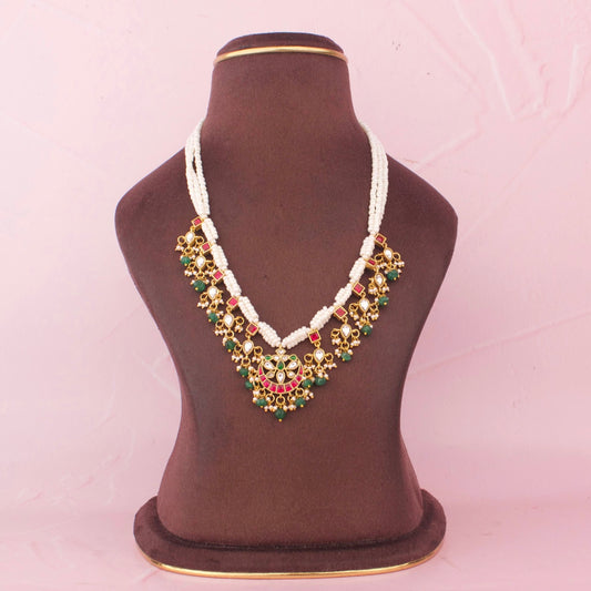 Traditional Jadau Kundan Necklace with Pearls And Green Drops