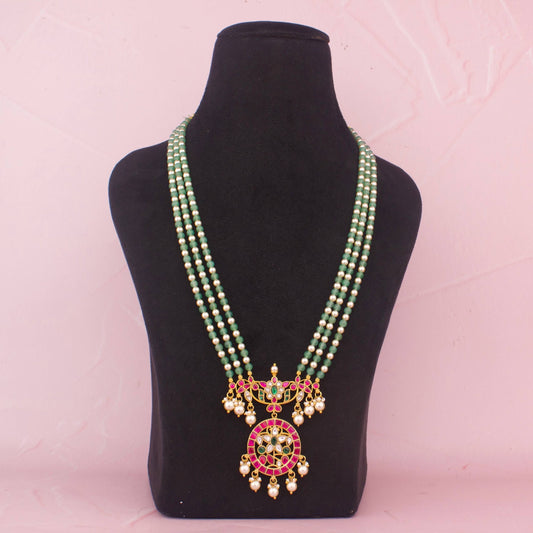 Triple Layer Green Beads Mala Necklace With Pearl Drops
