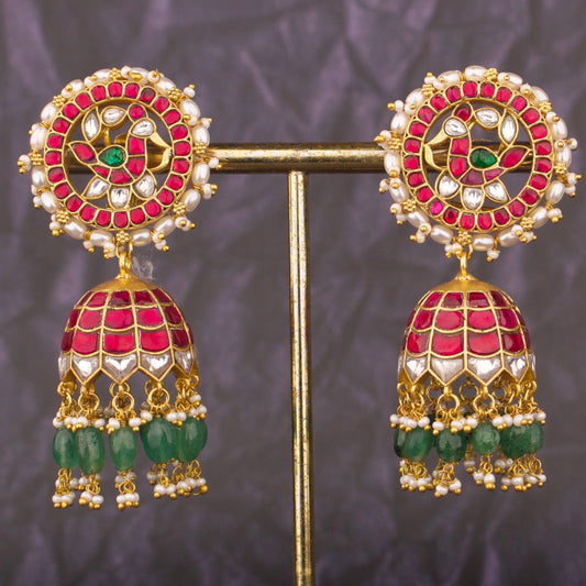 Majestic Jadau Kundan Jhumkas With Emerald Drops