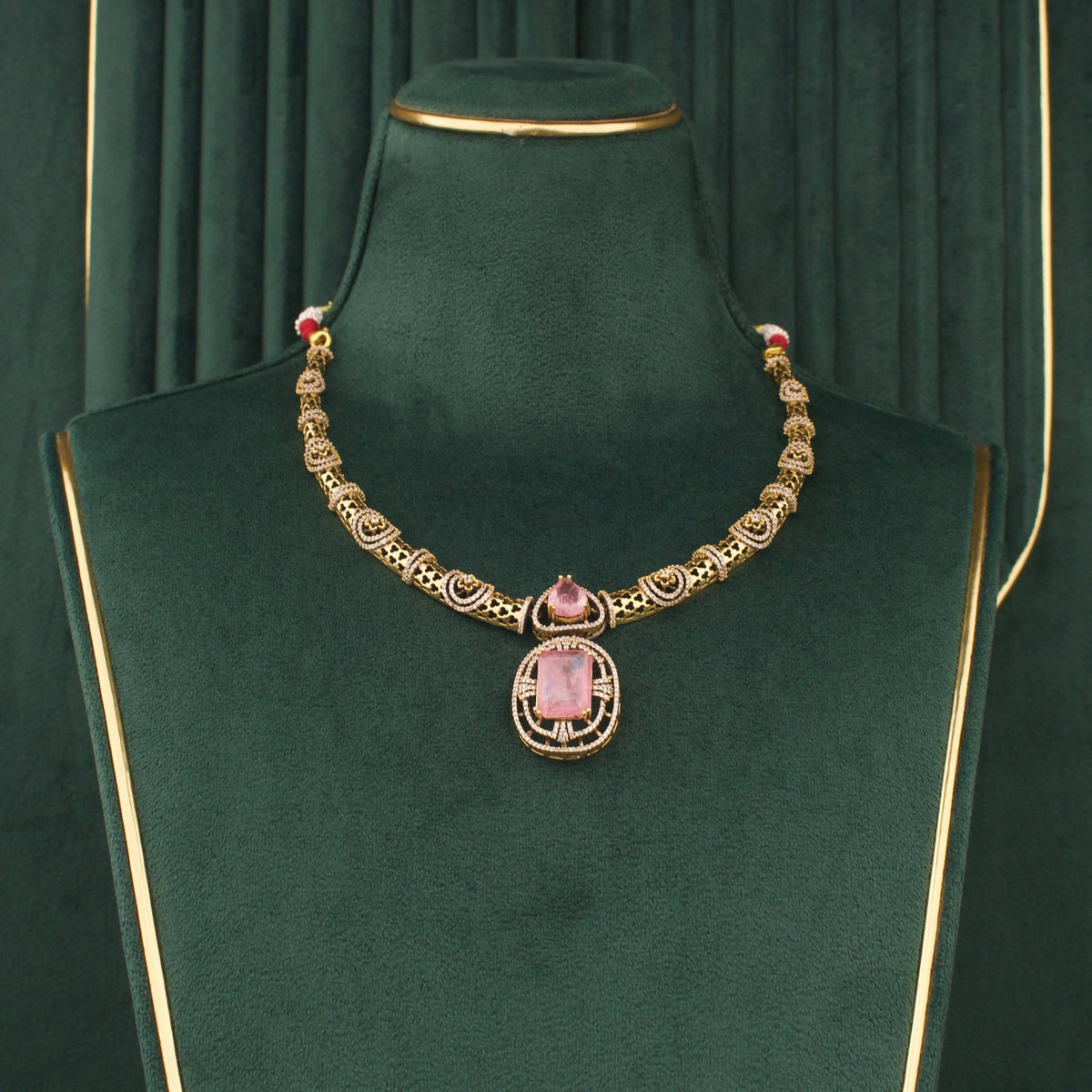 Sleek Victorian Short Necklace With Earrings Styling Angle View 4 - Dulhan Jewels