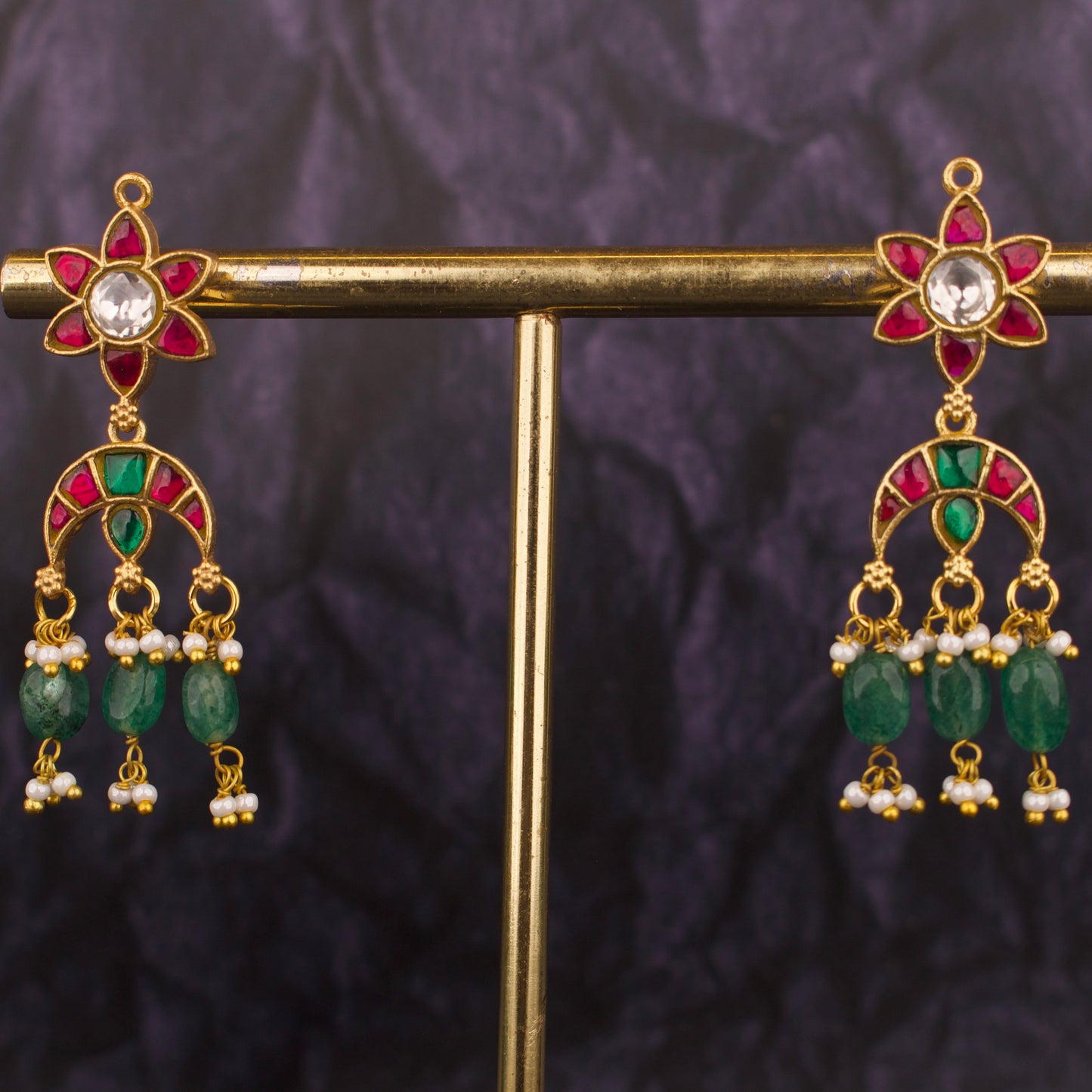 Flower Studded Jadau Kundan Hanging Earrings - DULHAN JEWELS