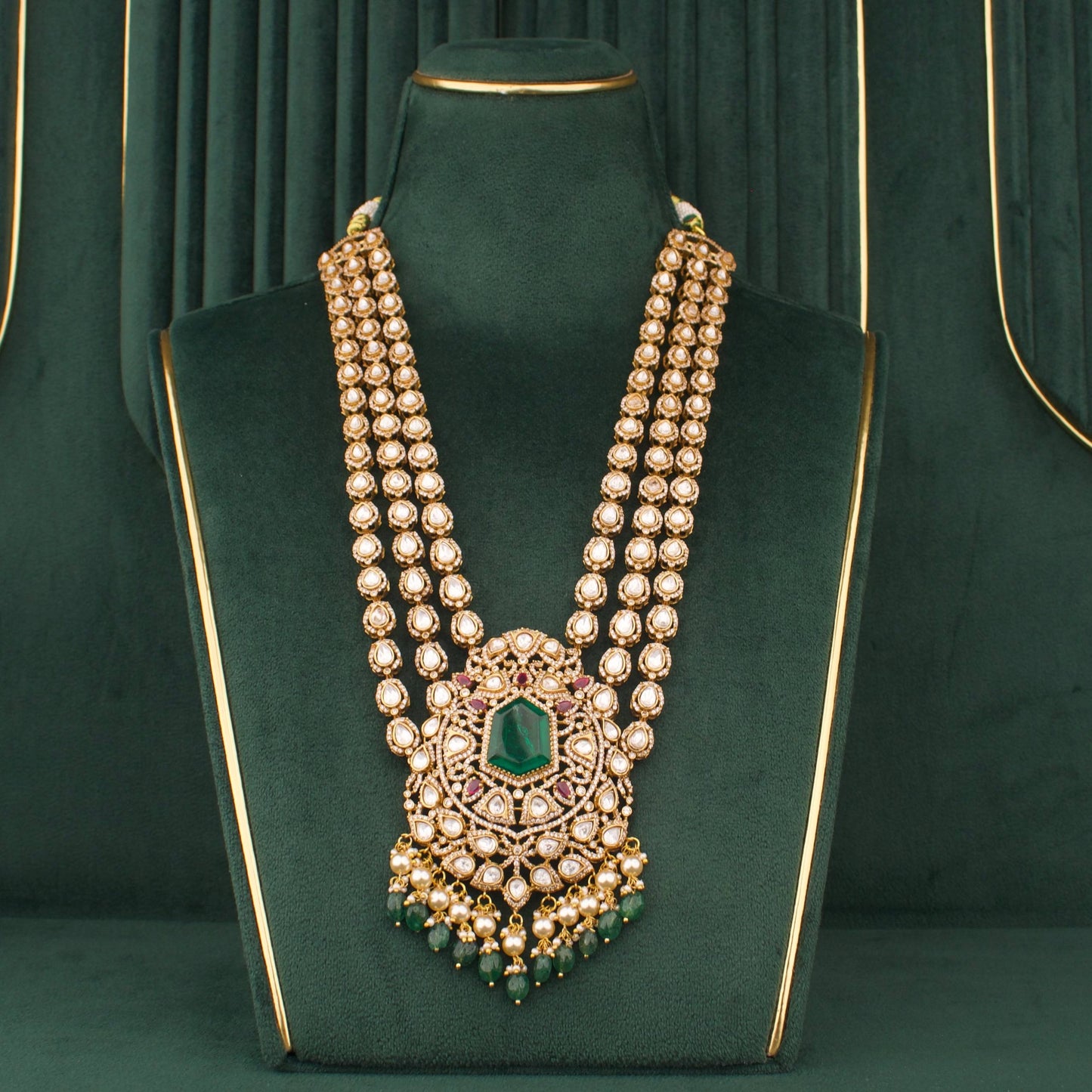 Victorian Polki Necklace Set With Emerald Center Pendant And Multi-Layer Design