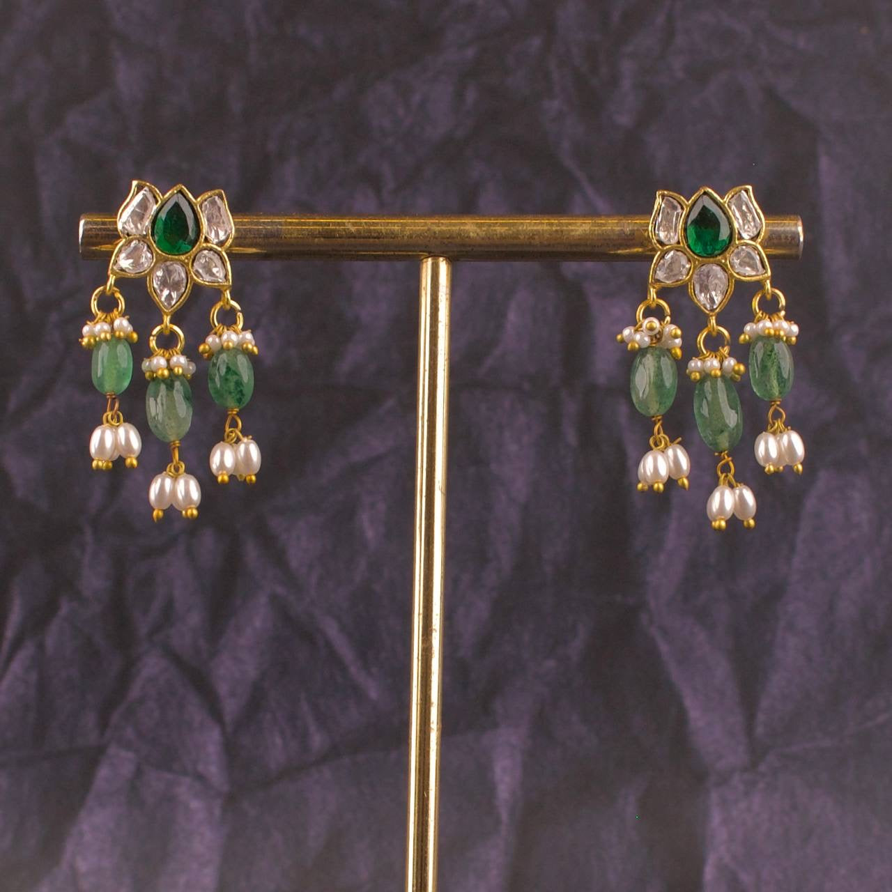 Lotus Design Polki Stud Earrings With Hanging Earrings