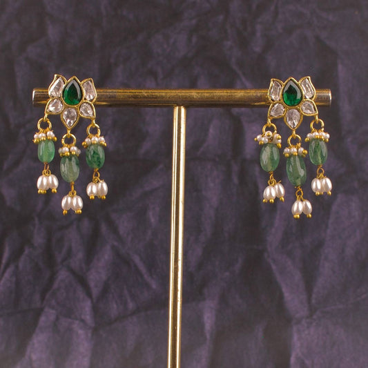 Lotus Design Polki Stud Earrings With Hanging Earrings