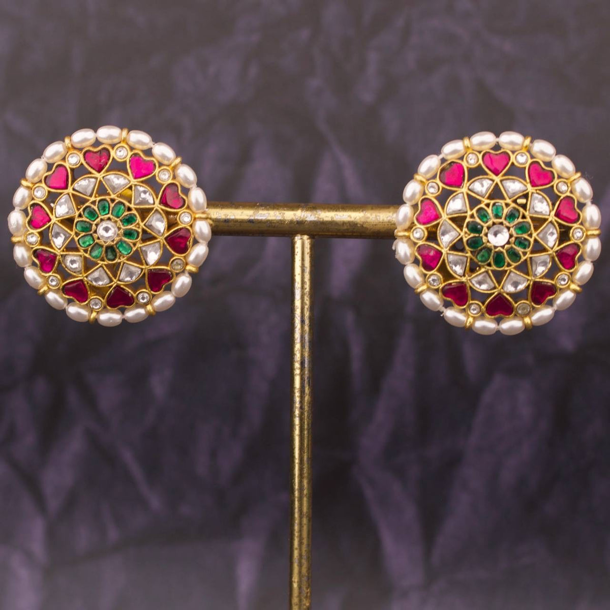 Floral Studded Jadau Kundan Stud Earrings With Ricepearl Bordering