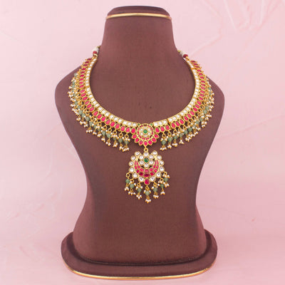 Radiant Jadau Kundan Necklace With Green Hangings - Handcrafted Indian Bridal Jewelry by Dulhan Jewels