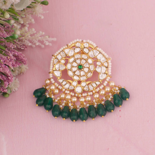 Moissanite Polki Pendant With Green Beads As Hangings