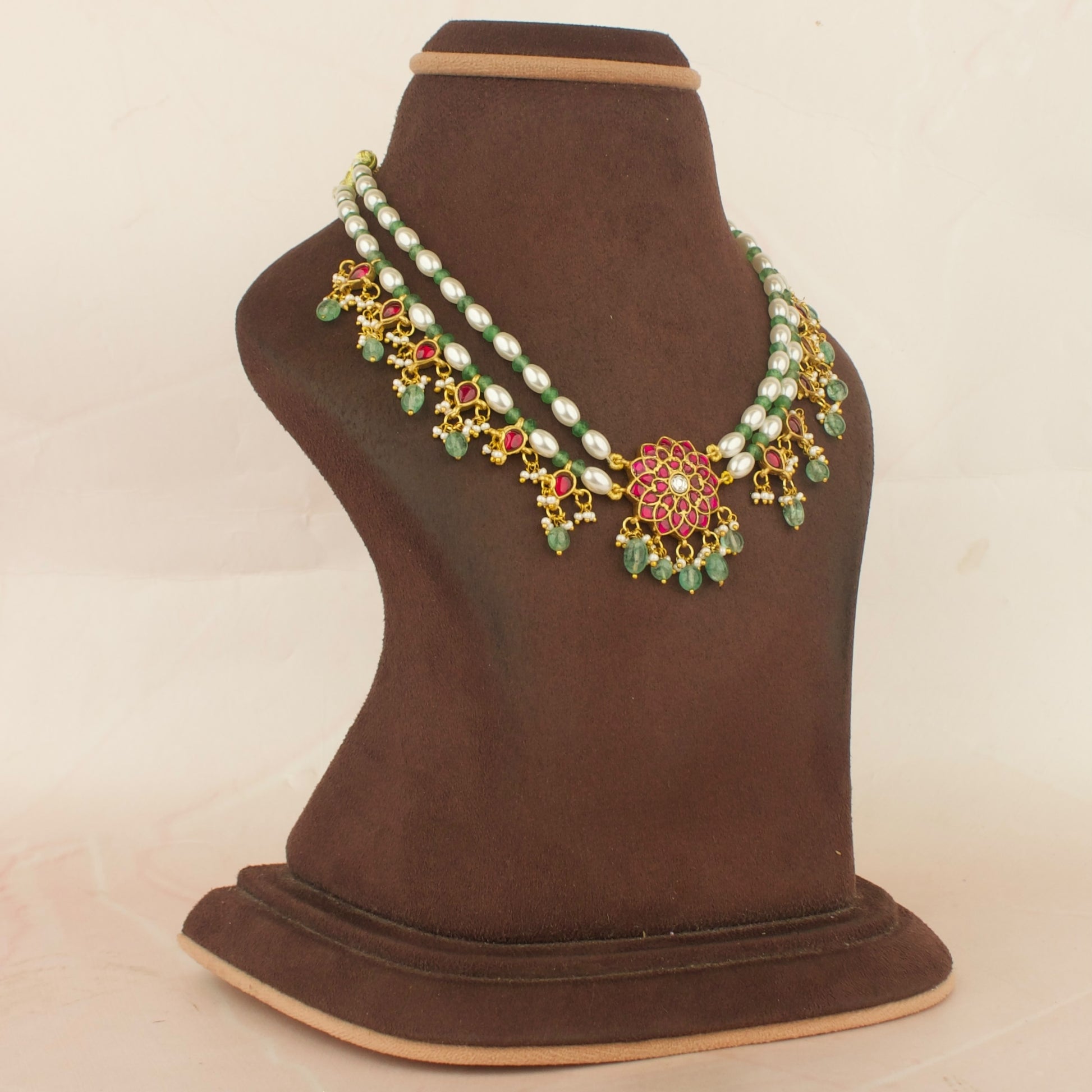 Intricate Floral Design Jadau Kundan Beads Necklace with Green Beads