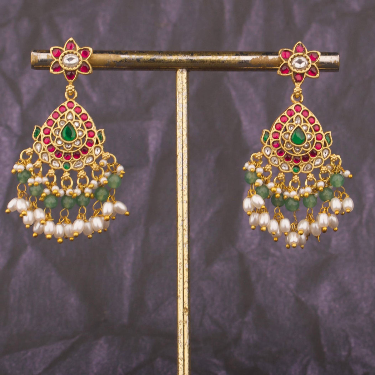 Unique Jadau Kundan Chandbali Earrings With Ricepearl Drops