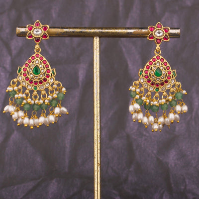 Unique Jadau Kundan Chandbali Earrings With Ricepearl Drops