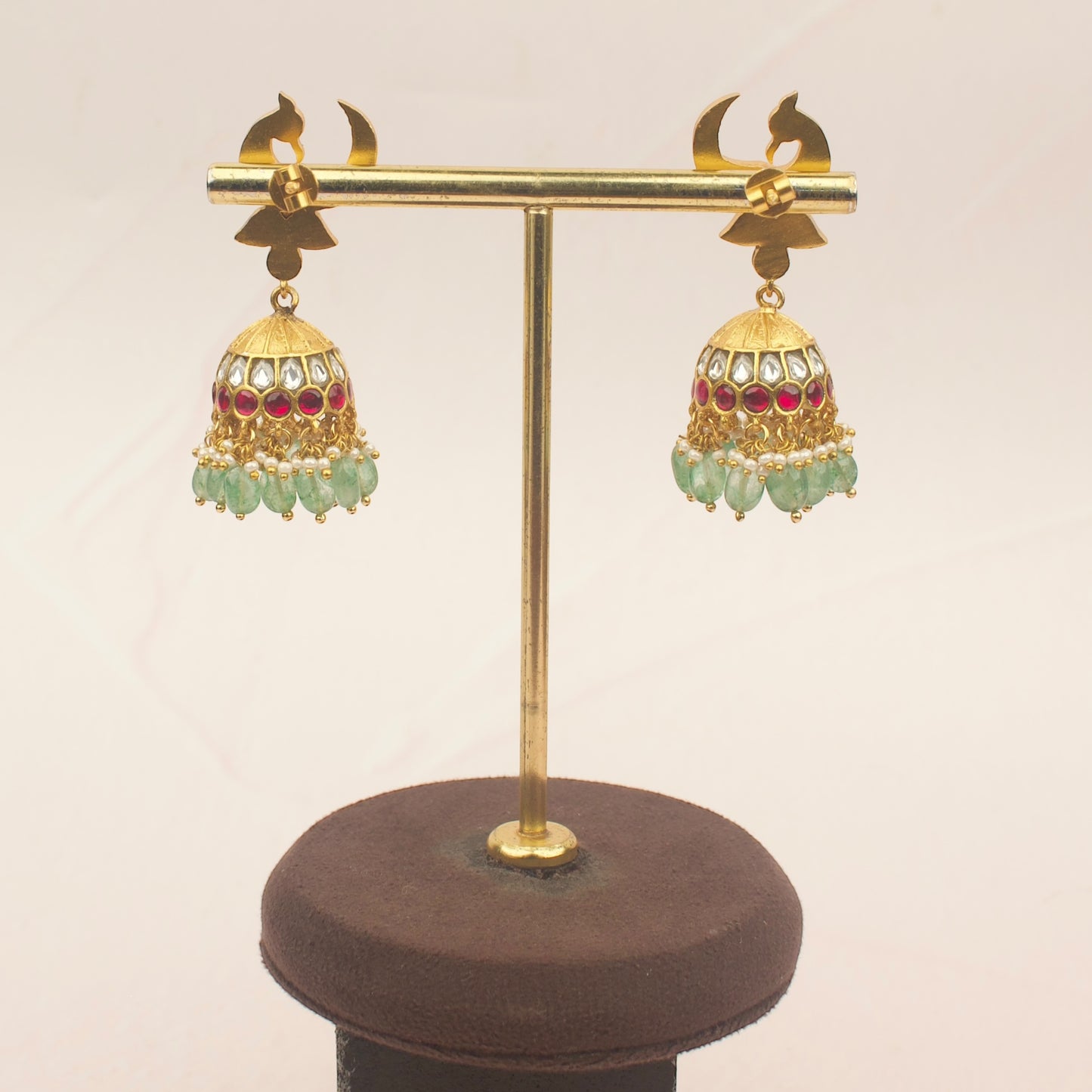 Jadau Kundan Jhumka Earrings With Green Beads