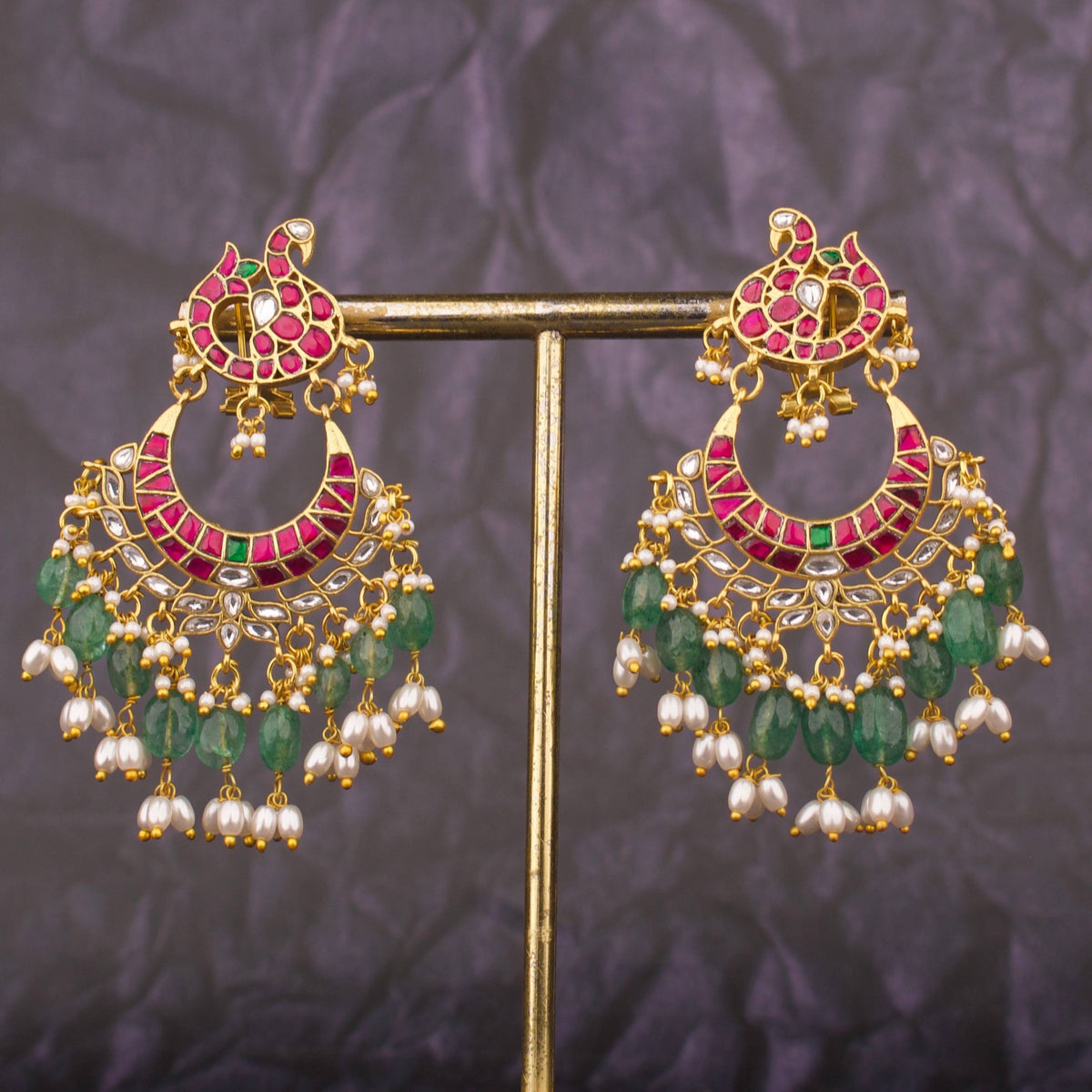 Peacock Design Jadau Kundan Chandbali Earrings With Pearl Drops