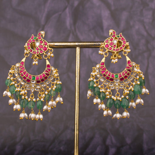 Peacock Design Jadau Kundan Chandbali Earrings With Pearl Drops