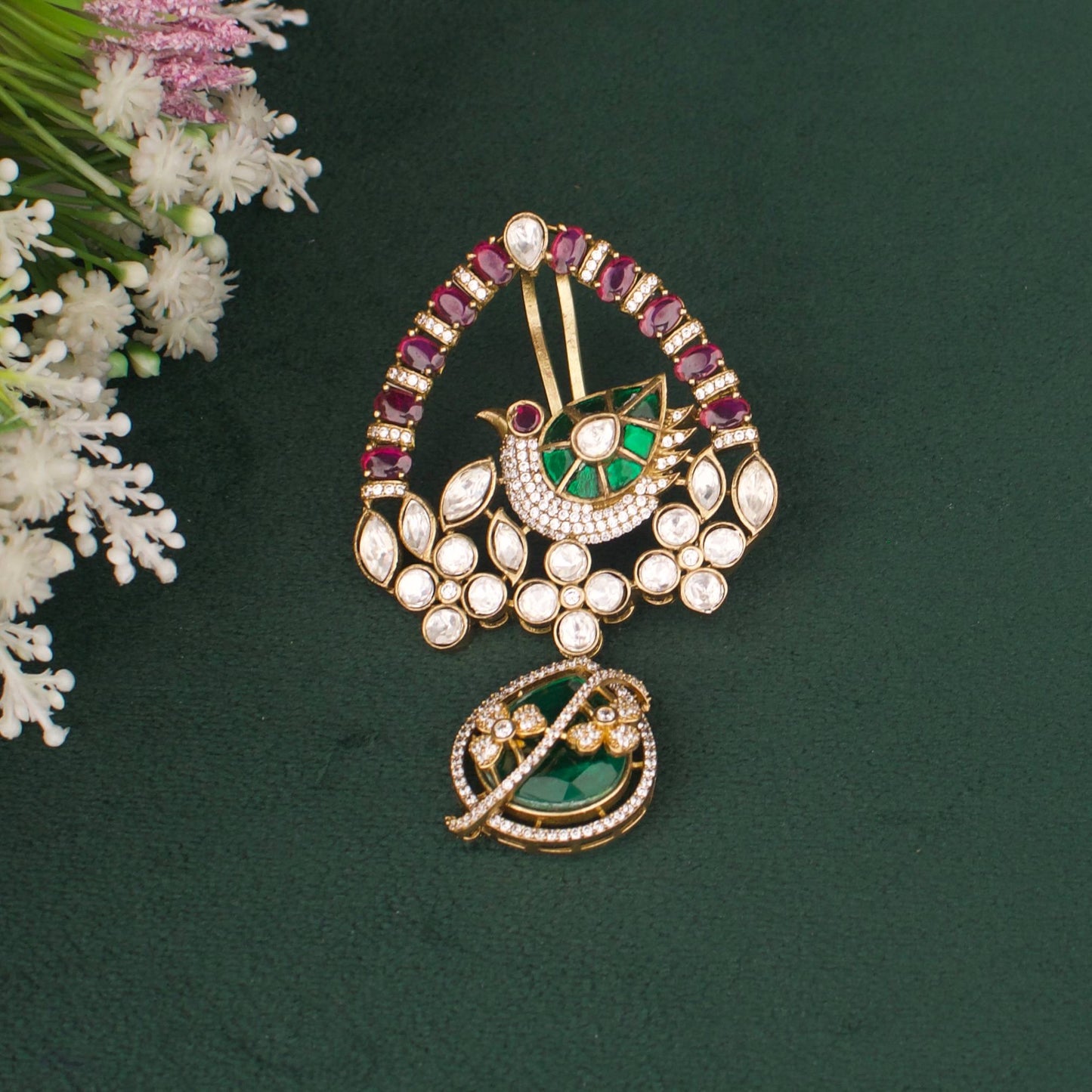 Regal Victorian Polki Pendant Set With Emerald Centerpiece And Floral Motif
