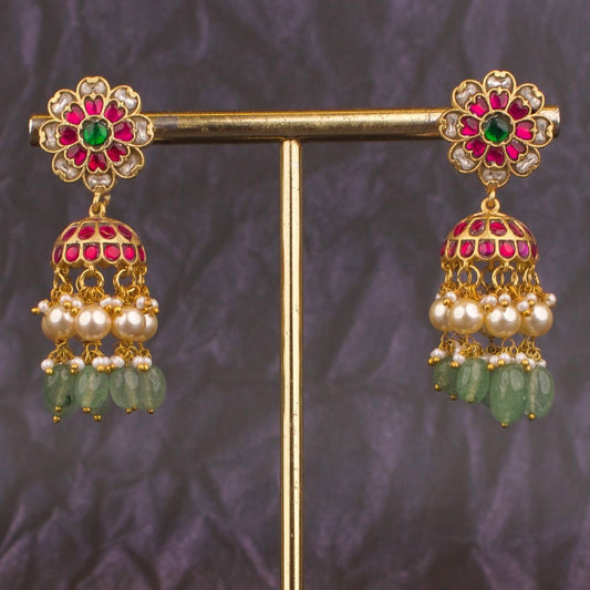 Floral Studded Jadau Kundan Jhumki With Pearl & Beads Hangings
