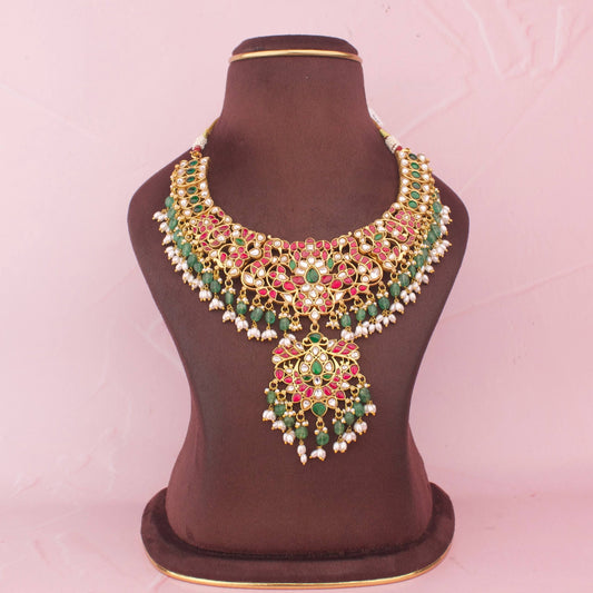 Unique Gold Style Jadau Kundan Necklace With Guttapusalu Hangings