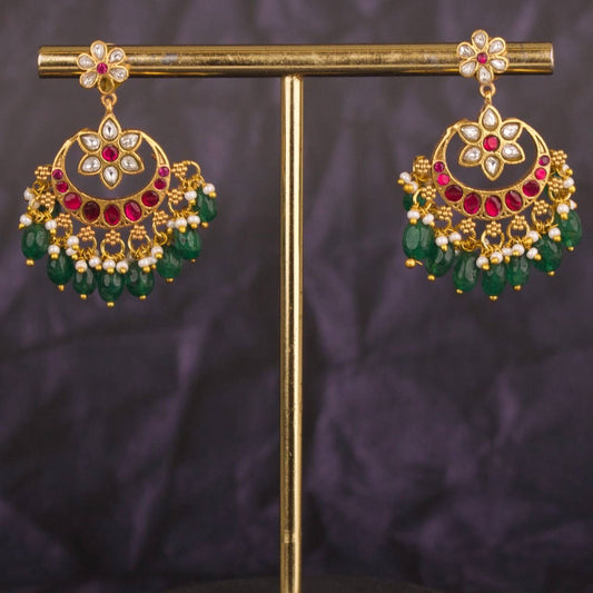 Cute Floral Studded Chandbali Hanging Earrings