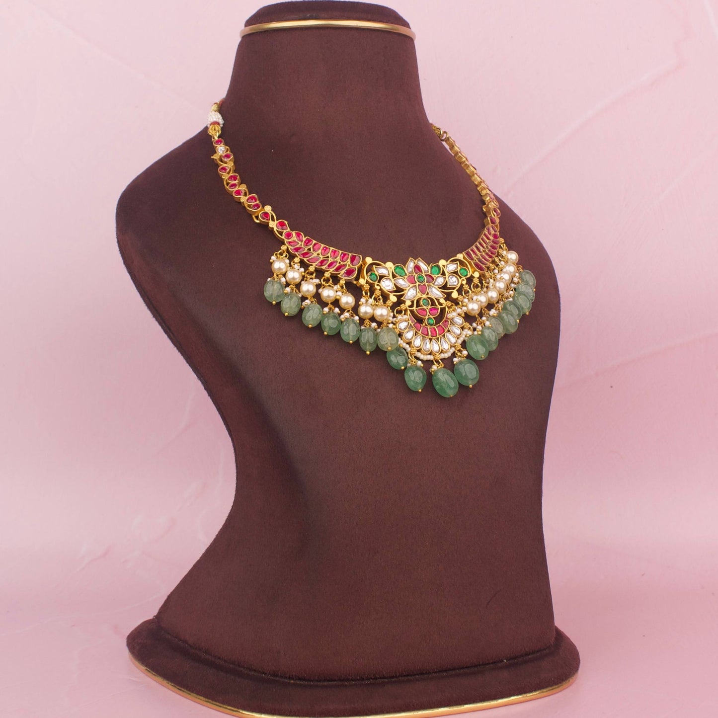 Sleek Jadau Kundan Necklace With Swarovski Pearl & Beads Droplet