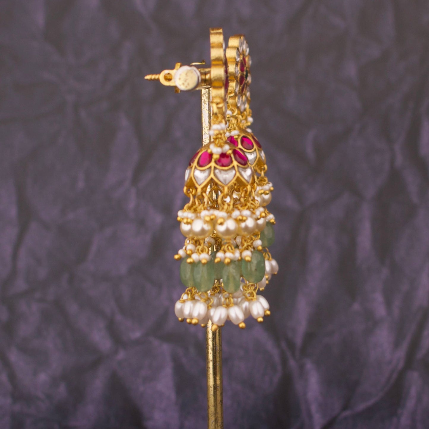 Phool Design Jadau Kundan Jhumka Earrings With Emerald Beads And Pearls