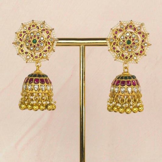 Opulent Starburst Jadau Kundan Jhumkas with Emerald Beads