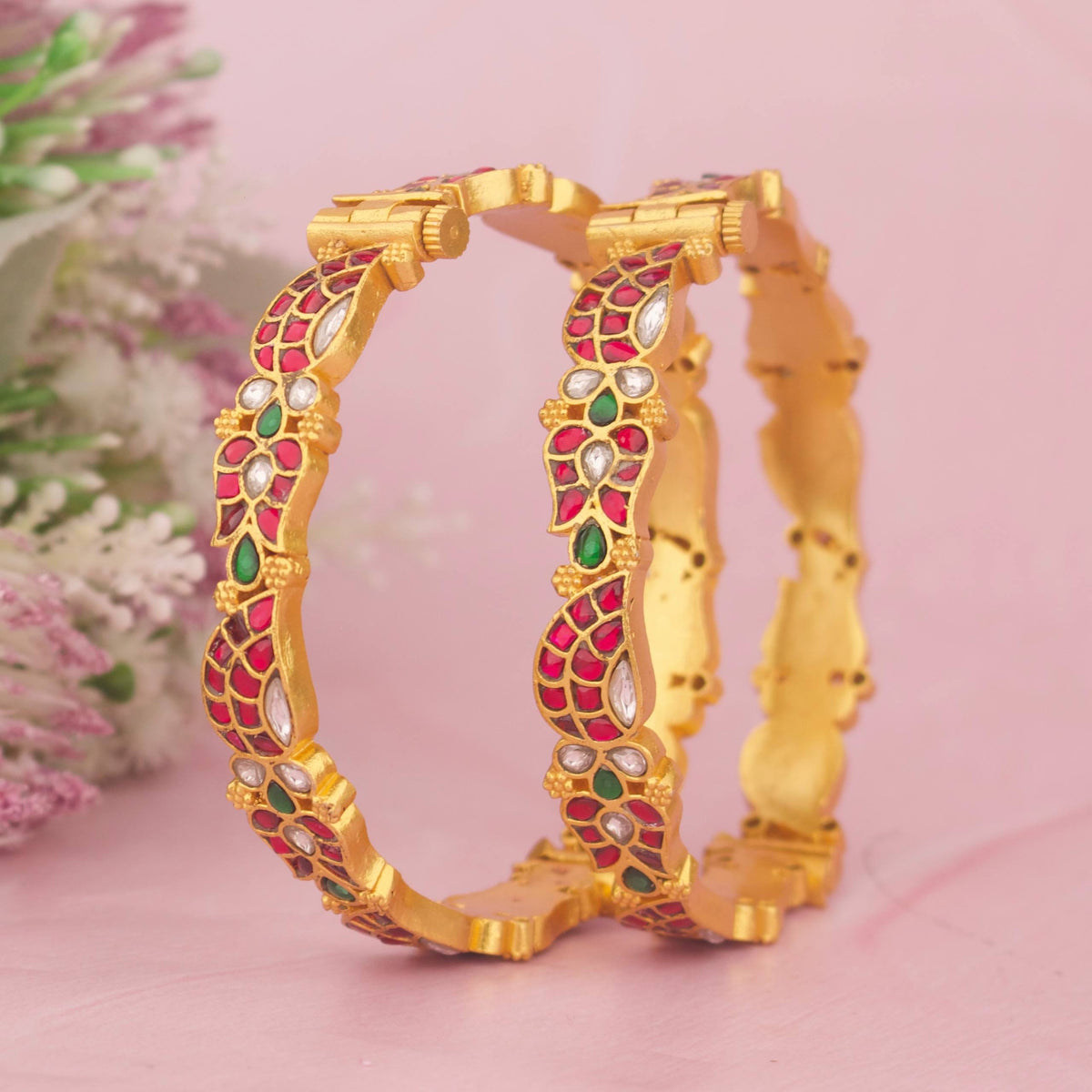 Elegant Gold Style Jadau Kundan Bangles Close-up Design & Gemstone Detailing - Dulhan Jewels