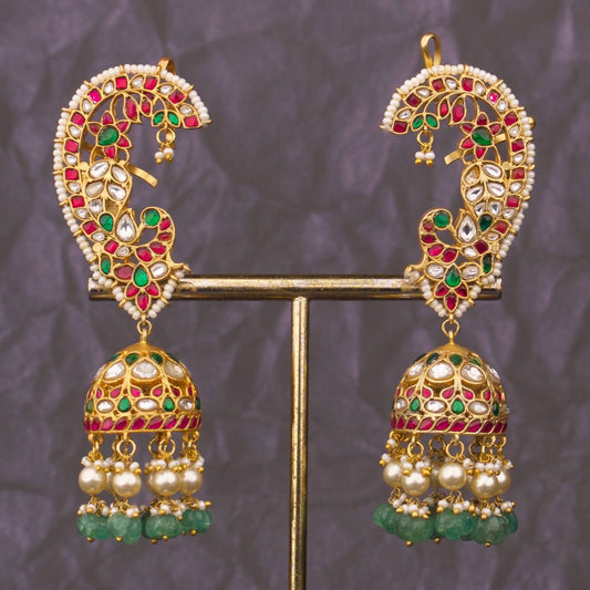 Royal Jadau Kundan Ear Cuff Jhumki Earrings with Pearl & Green Drops