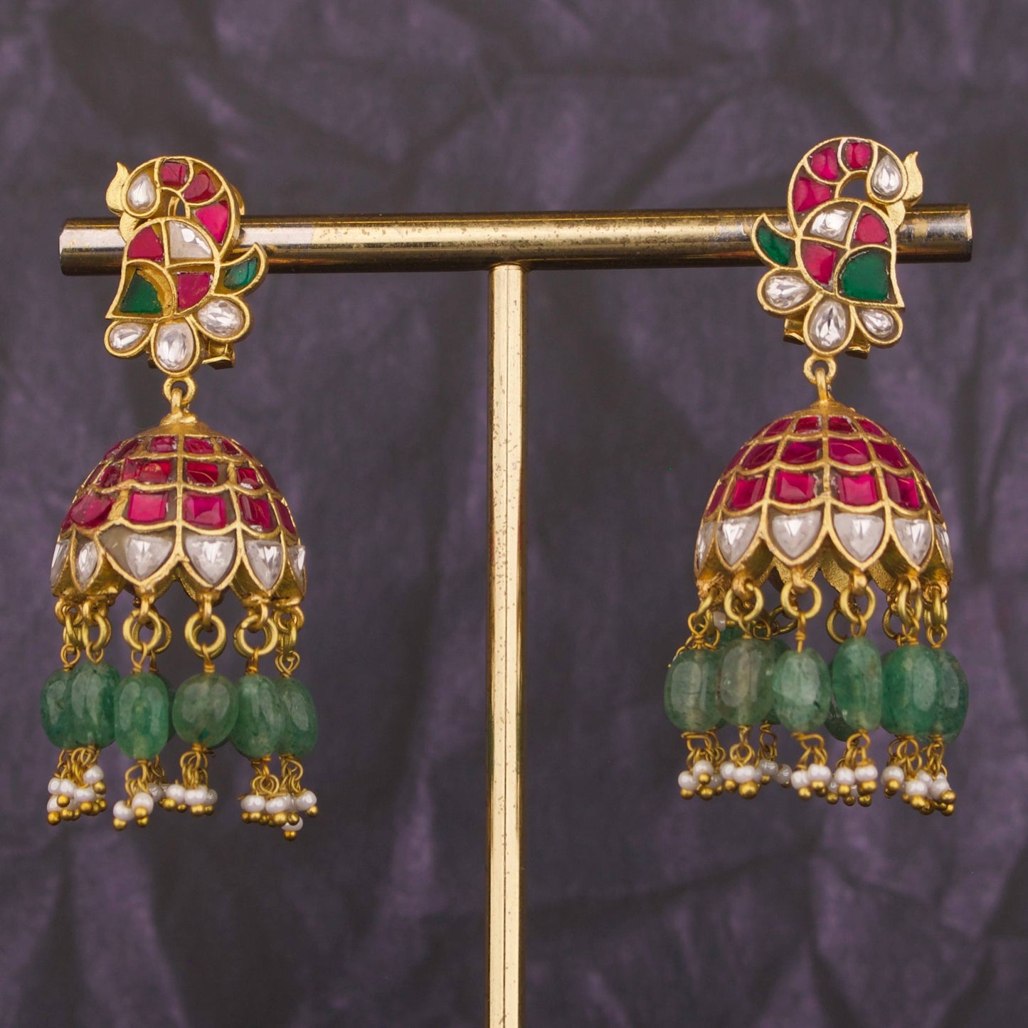 Peacock Design Studded Jadau Kundan Jhumki with Beads