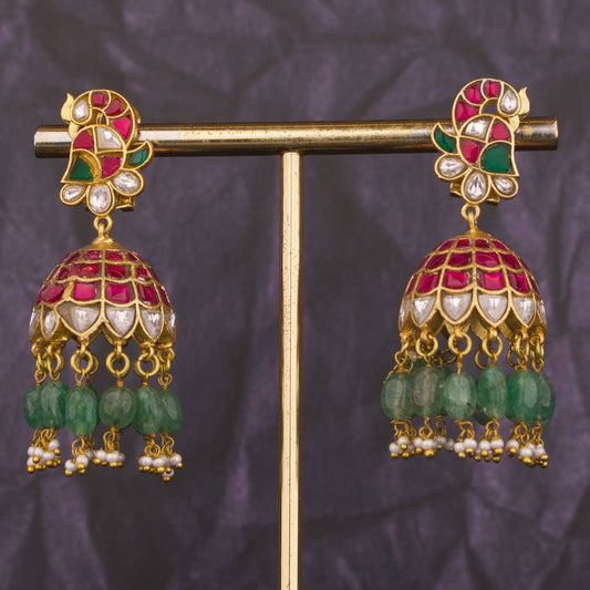 Peacock Design Studded Jadau Kundan Jhumki with Beads