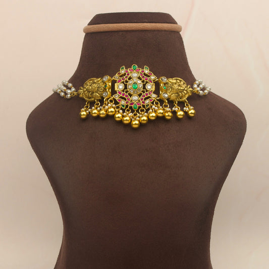 Gold Plated Jadau Kundan Choker Necklace with Rice Pearls