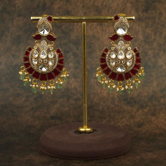 Handcrafted detail view of Victorian Polki and Kundan Fusion Chandbali with Pearl Accents